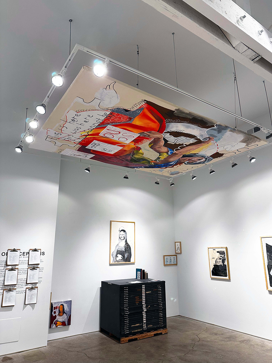An exhibition of artwork in a white gallery space. The track lighting at top has a large painting suspended within the track lighting. All of the artowrks appear to be related to classical artowrk, but with text, scribbles, and other marks atop them.