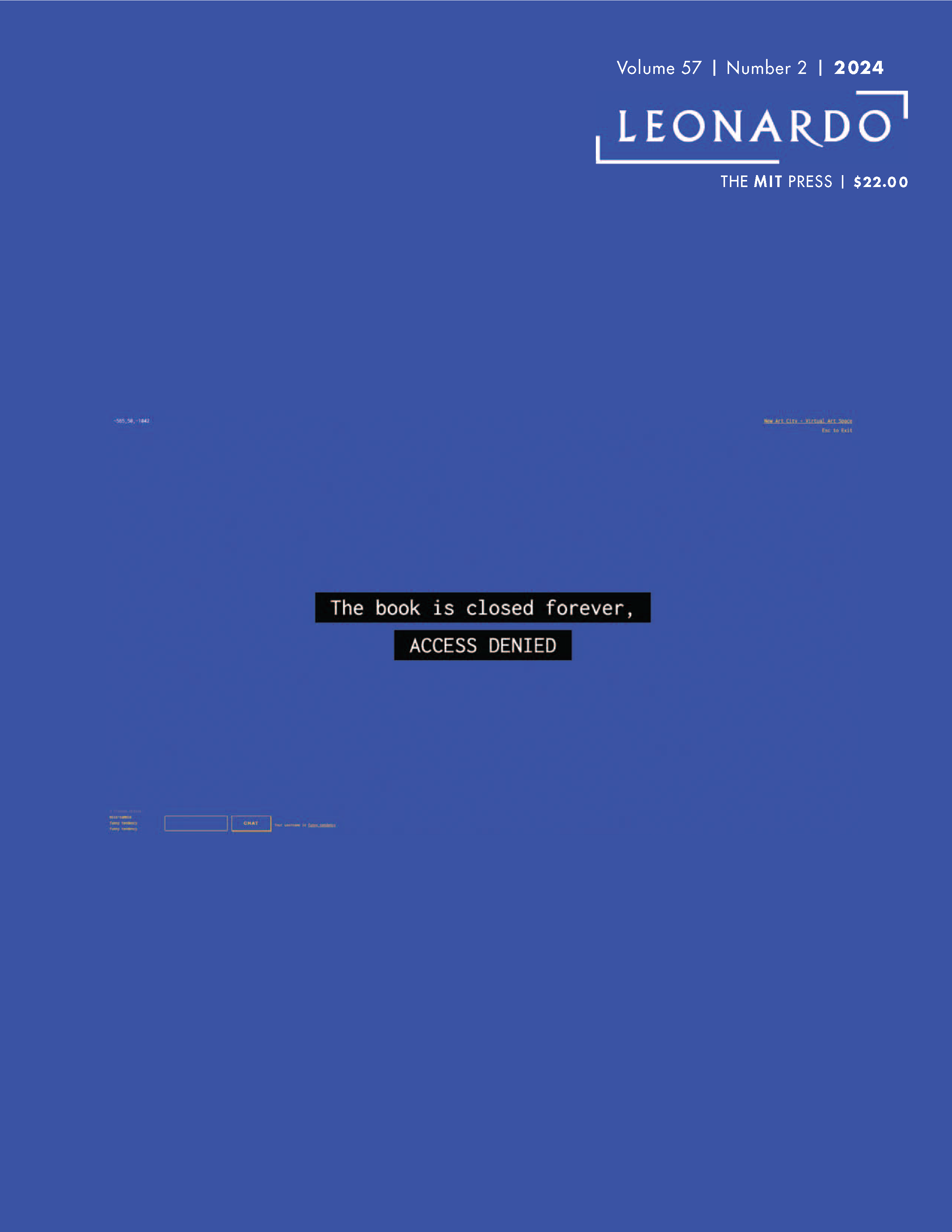 Subtle Flex: A still from Unseen Sound on the cover of Leonardo journal. A blue screen of death background with caption bars reading, "The book is closed forever, Access denied."