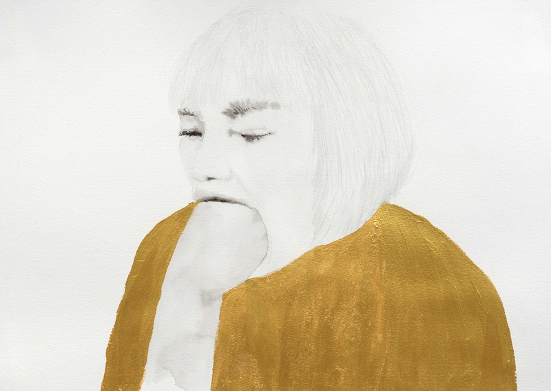 This image is of a watercolor drawing of a woman with a short bob. Her mouth is open and a hand is inside the mouth. The image is black and white except for the outfit which is gold. 