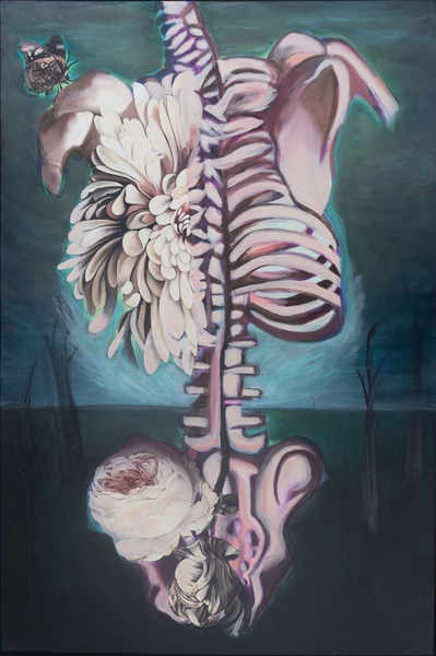  This is a painting I created that blends anatomy and nature to explore themes of life, death, and regeneration. At the center is a stylized, vertical human torso—an exposed spine, ribcage, and pelvis—painted in soft pinks, purples, and blues. Flowers emer 