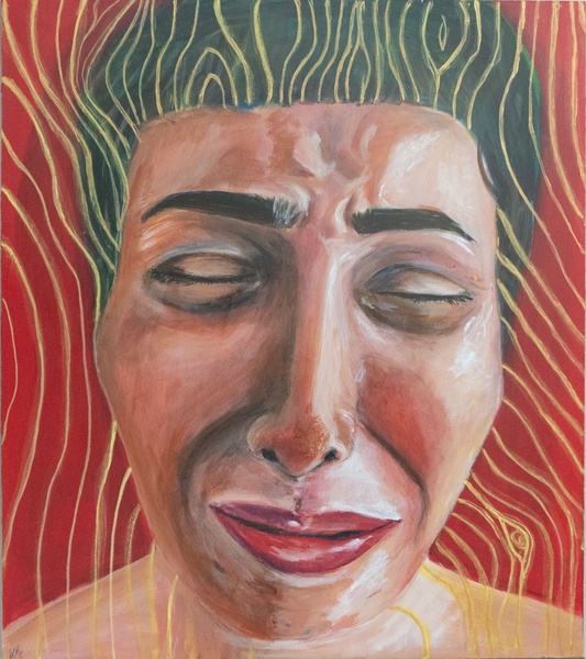  This is a self-portrait I painted with my eyes closed and face contorted in an emotional, almost painful expression. My skin is rendered in warm tones against a vivid red background, with golden lines flowing like energy through my hair and around me. The 