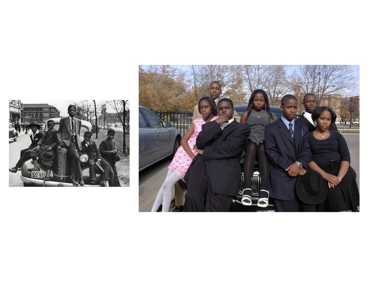  The diptych photograph on the left is a vintage image of four black boys sitting on a car from the 1940s. In the image on the right, three girls and four boys are sitting on the car, mimicking the boys on the left. 