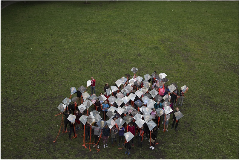  Aerial view photograph of individuals holding flags in a color field of green grass. 
