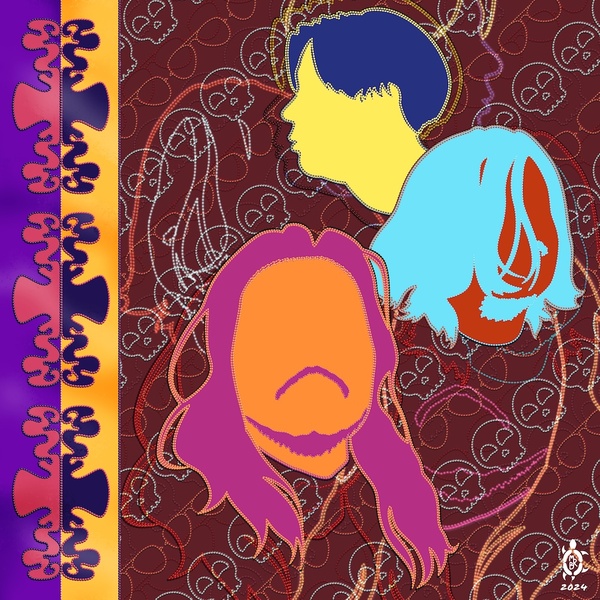  Image of a stylized illustration of three heads floating on a brown background with skulls. One of the heads is yellow with blue hair, another is orange with blue hair and the last one is orange with pink hair and a beard. 