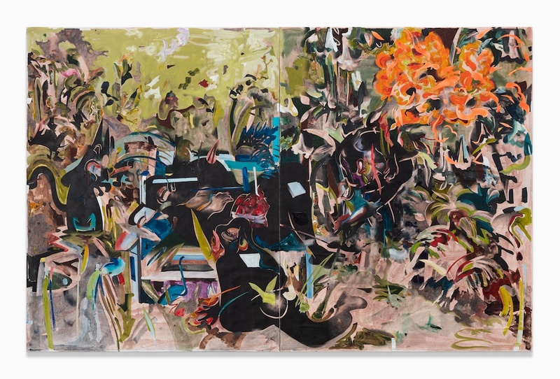  A large abstract painting made mostly with black and hyper colored pigments. 