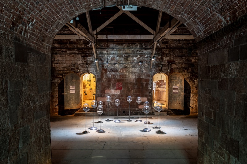  An installation view of a public art exhibit located in the vaulted chambers beneath Governors Island's Ft. Jay in NYC 