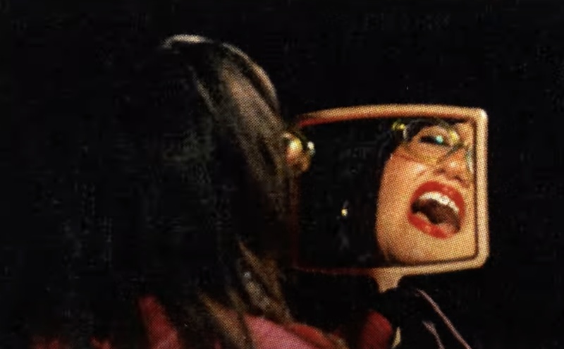  A woman with long brown hair, red lipstick and glasses stares into a mirror while singing. 