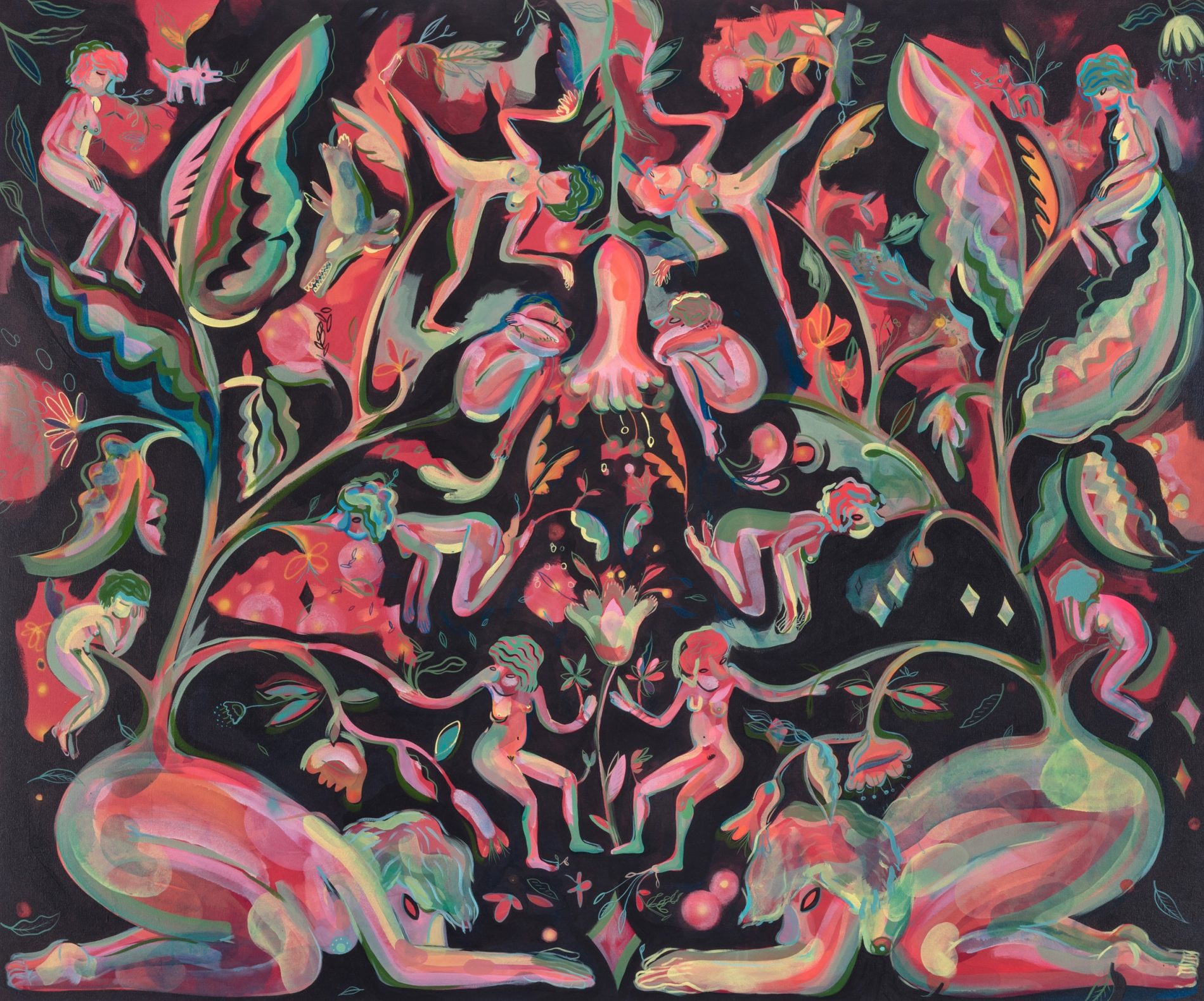 Image of a painted work by Cecilia. The background of the painting is black and multicolored floral and fauna motifs and human figures swirl in the foreground.