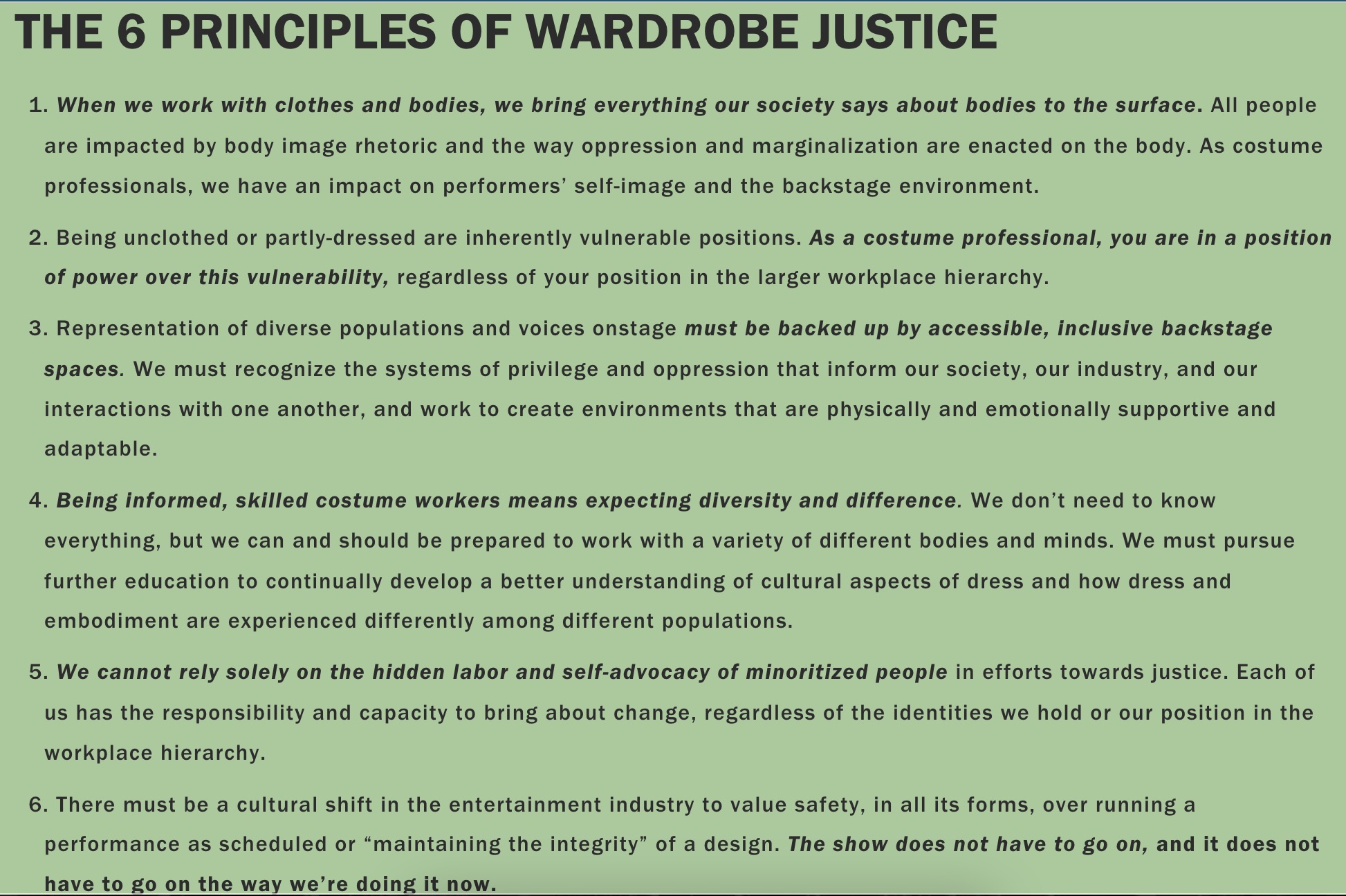 A list of the Wardrobe Justice Principles