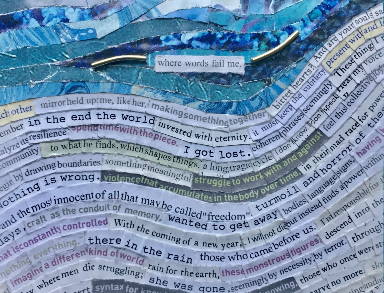 A collage with many words flowing. Words on top say where words fail me.